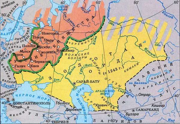 Обратите внимание на то, что русские земли не окрашены в цвета Орды. Они находились в вассальной зависимости от неё